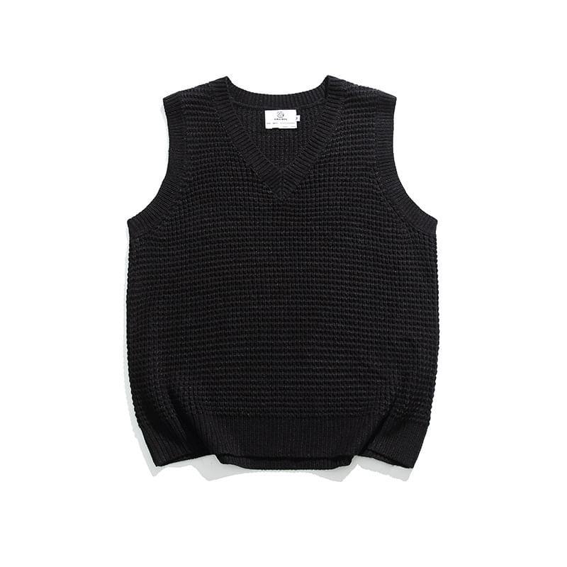 V-Neck Plain Knit Sweater Vest Product Image