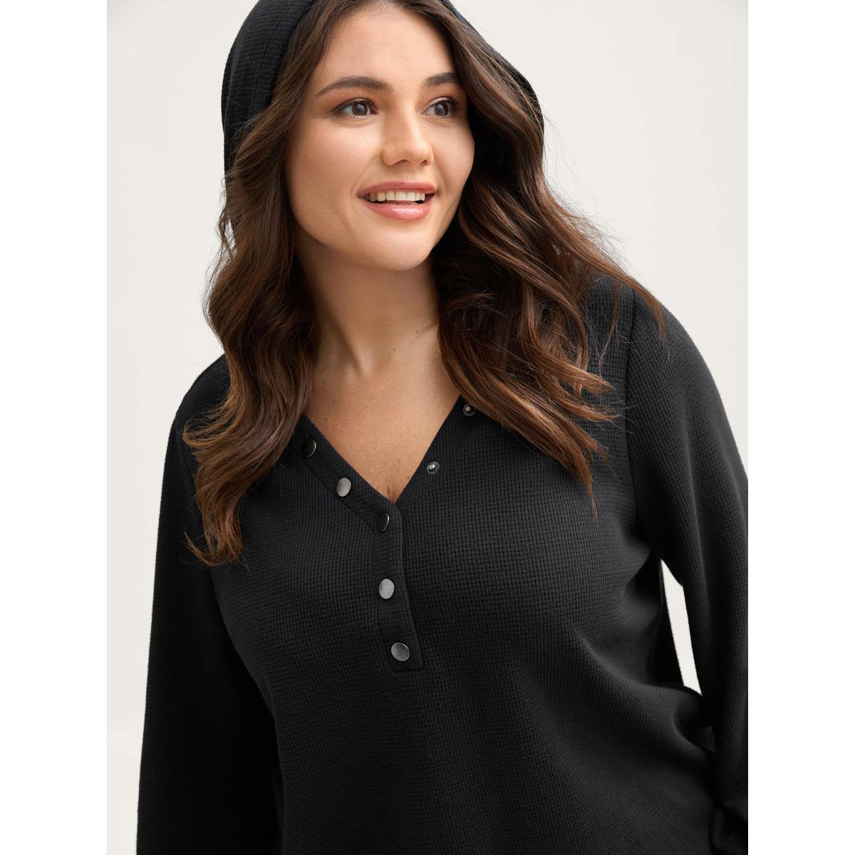 Plus Size Textured Snap Buttons Hooded Sweatshirt Women Black Texture Hooded Everyday-Casual Sweatshirts BloomChic 12/L Product Image