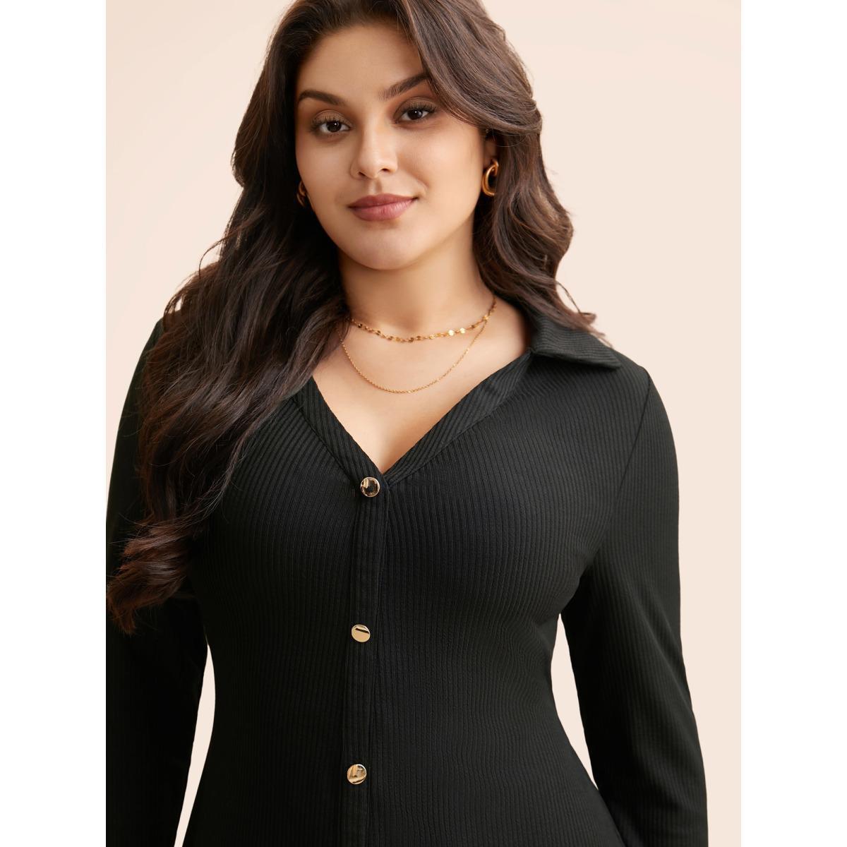 Plus Size Texture Patchwork Pleated Metal Detail Dress Black Women Elegant Texture Shirt collar Long Sleeve Curvy BloomChic 10/M Product Image