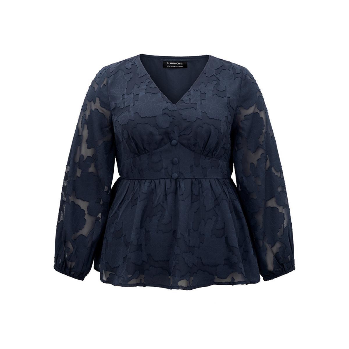 Plus Size Indigo Floral Mesh Elastic Waist Button Detail Blouse Women Glamour Long Sleeve V-neck Going out Blouses BloomChic 22-24/3X Product Image