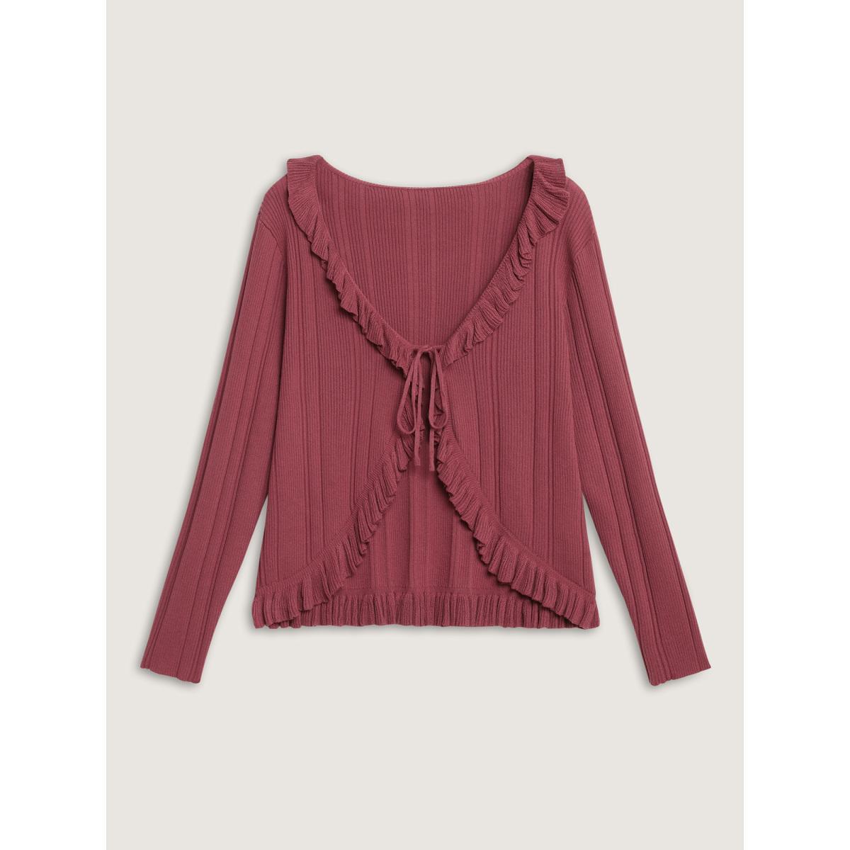 Plus Size Ruffled Edged Front Tie Knit Cardigan Rust Women Bodycon Long Sleeve Everyday-Elegant Cardigans BloomChic 22-24/3X Product Image