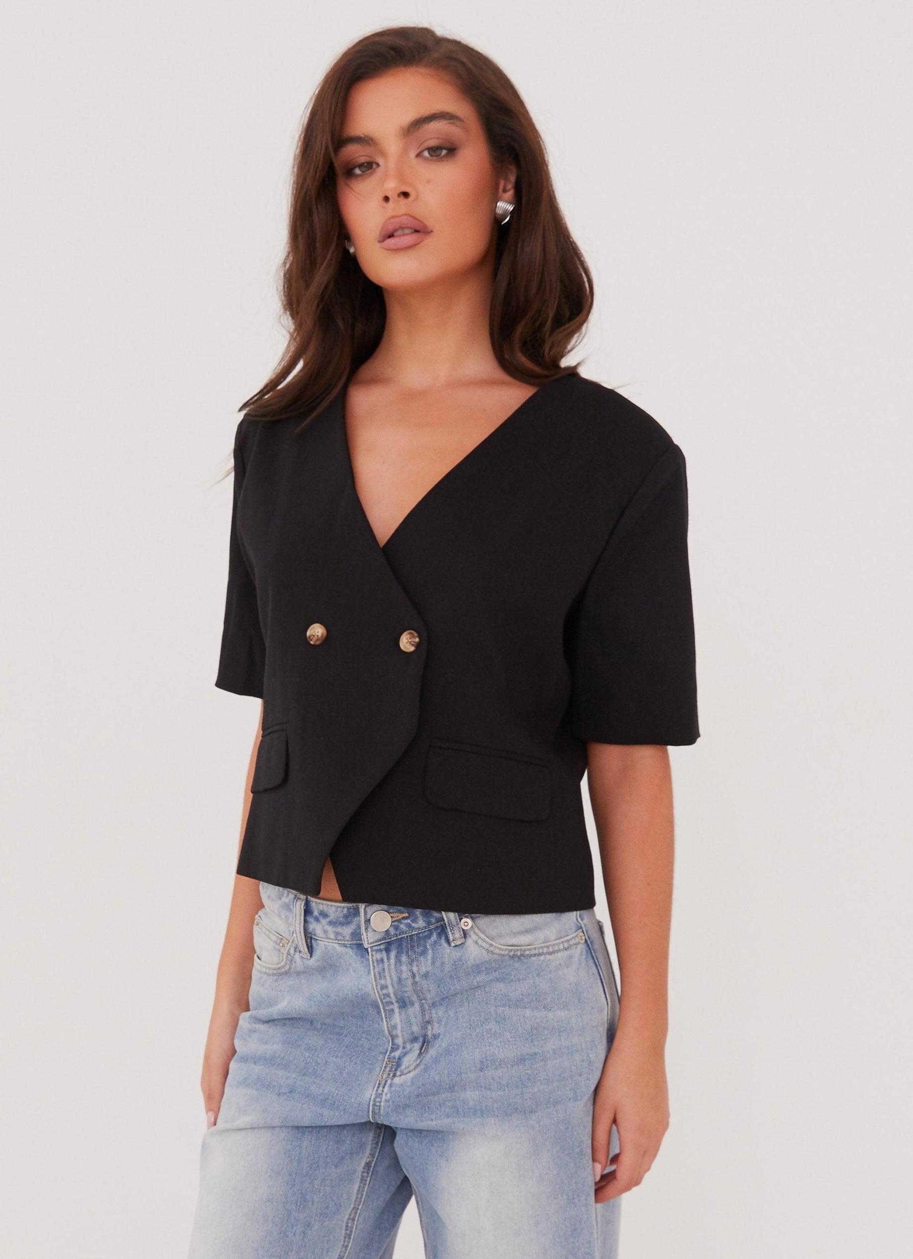 Hacienda Linen Short Sleeve Blazer - Black Product Image