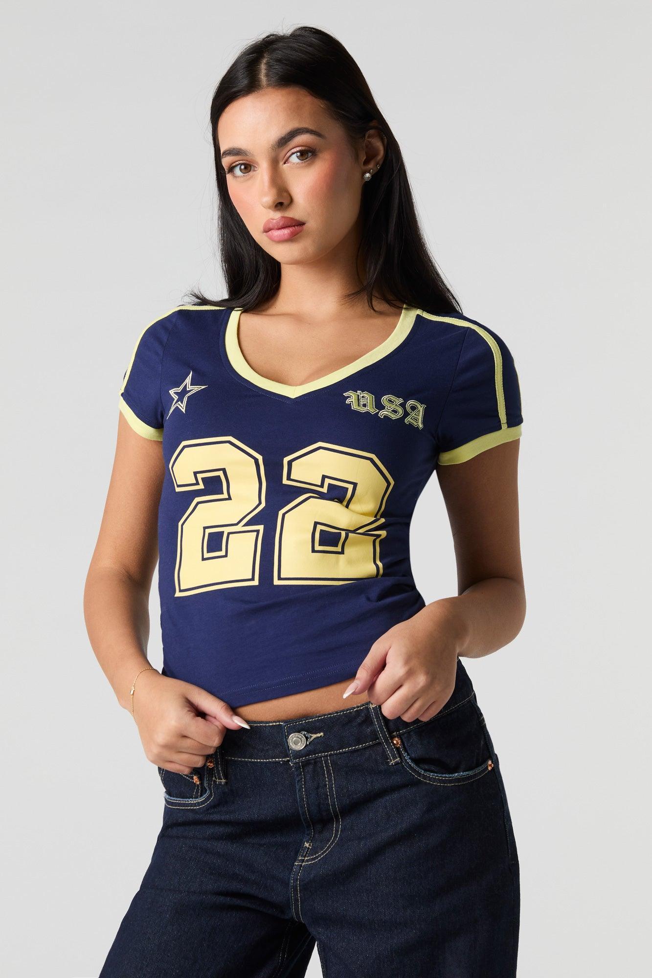 Sporty Graphic V-Neck Ringer T-Shirt Female Product Image