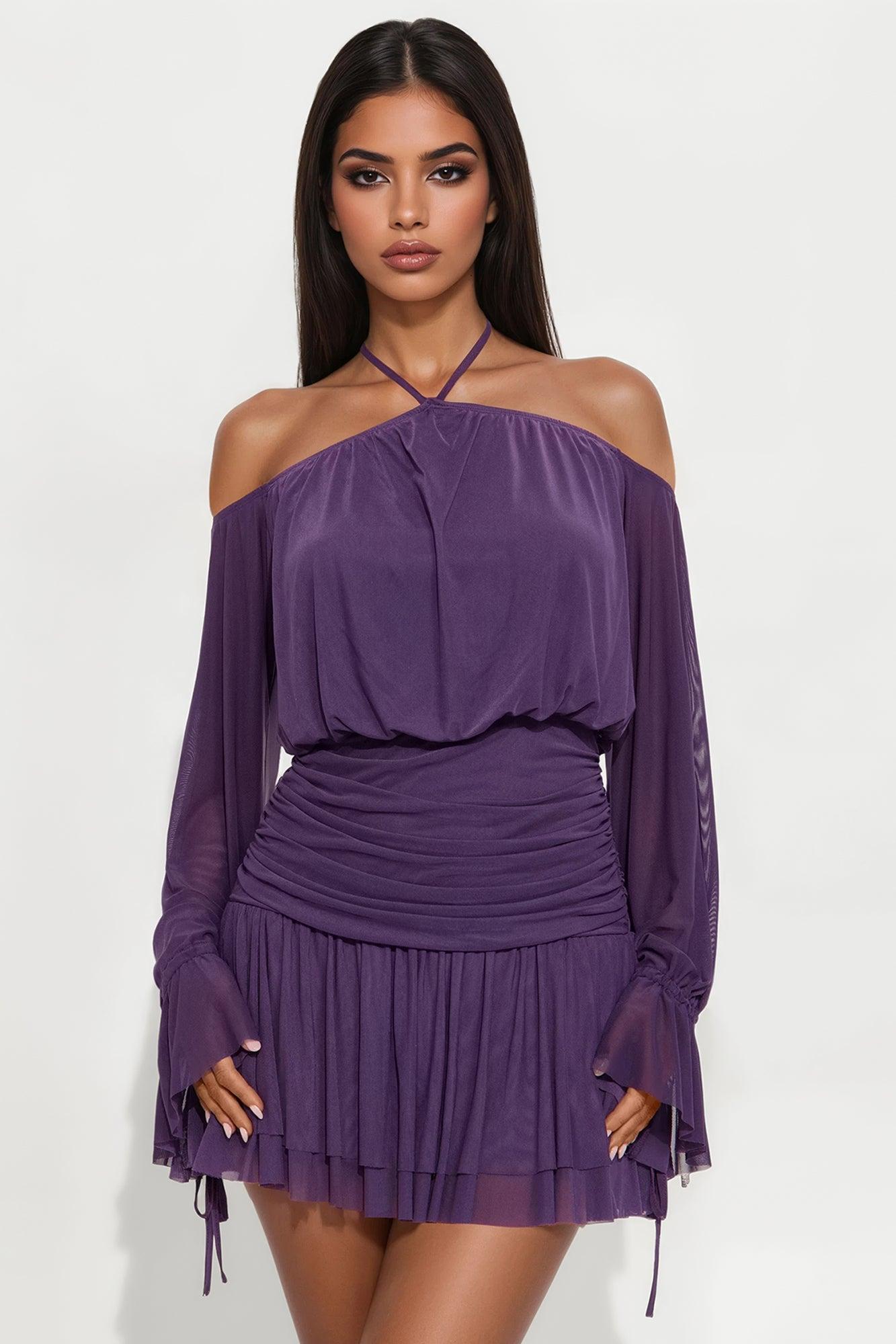 Madeline Mesh Micro Mini Dress - Plum Product Image