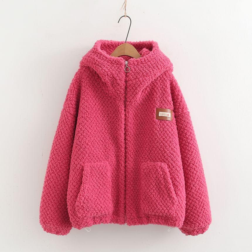 Label Applique Fluffy Zip Hoodie Product Image