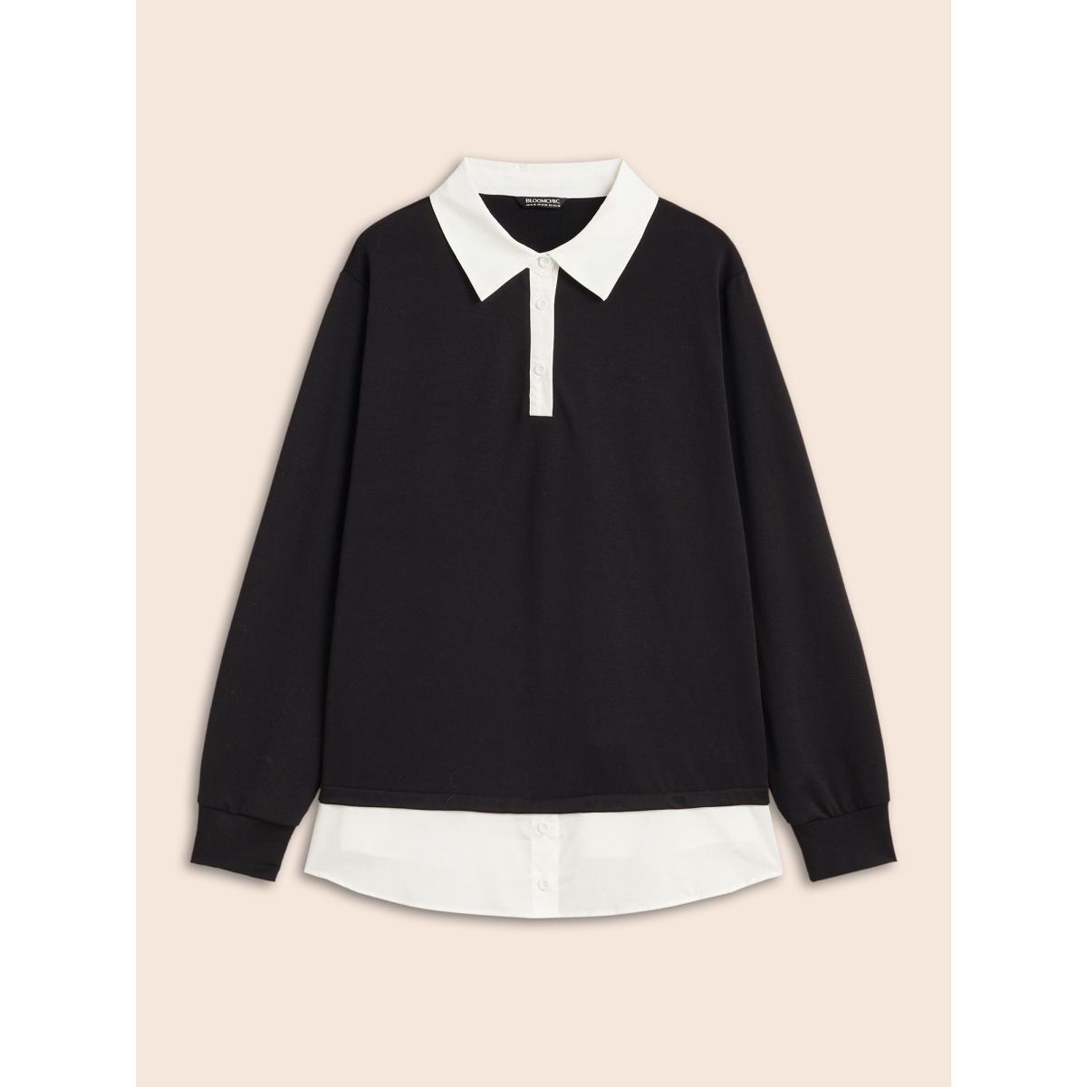 Plus Size 2-In-1 Shirt Collar Contrast Patchwork Sweatshirt Women Black Work From Home Contrast Shirt collar Work Sweatshirts BloomChic 12/L Product Image