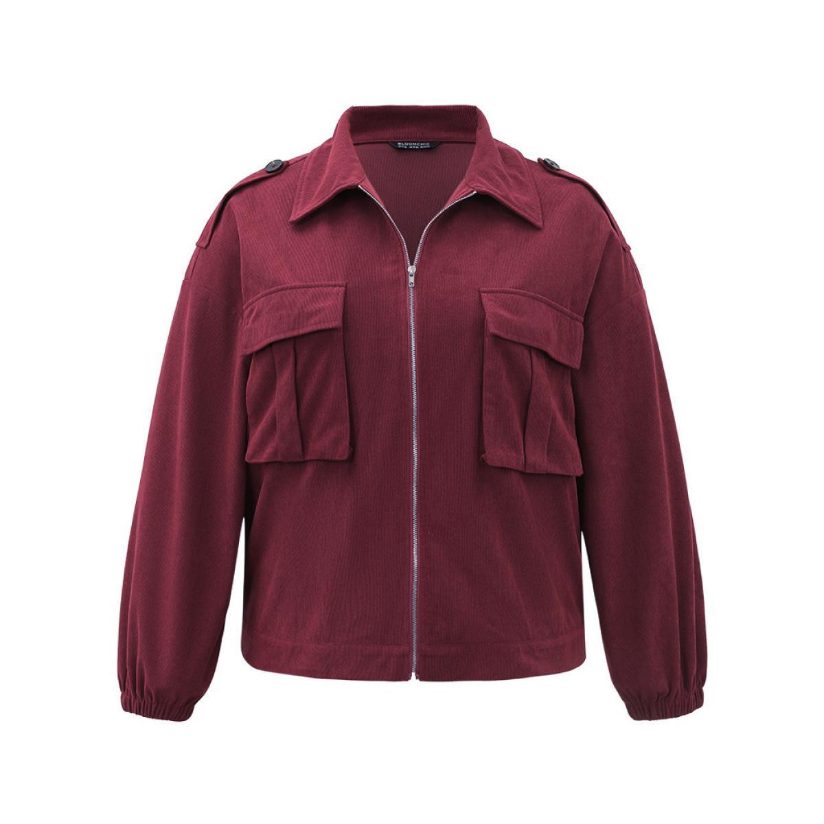 Plus Size Plain Pocket Zipper Elastic Cuffs Jacket Women Scarlet Elastic cuffs Pocket Dailywear Jackets BloomChic 28/5X Product Image
