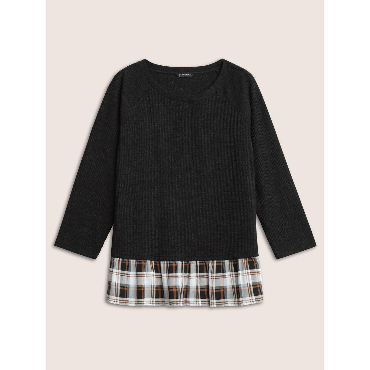 Plus Size Rib Knit Plaid Patchwork Raglan Sleeve T-shirt Black Women Casual Texture Plaid Round Neck Everyday T-shirts BloomChic 18-20/2X Product Image