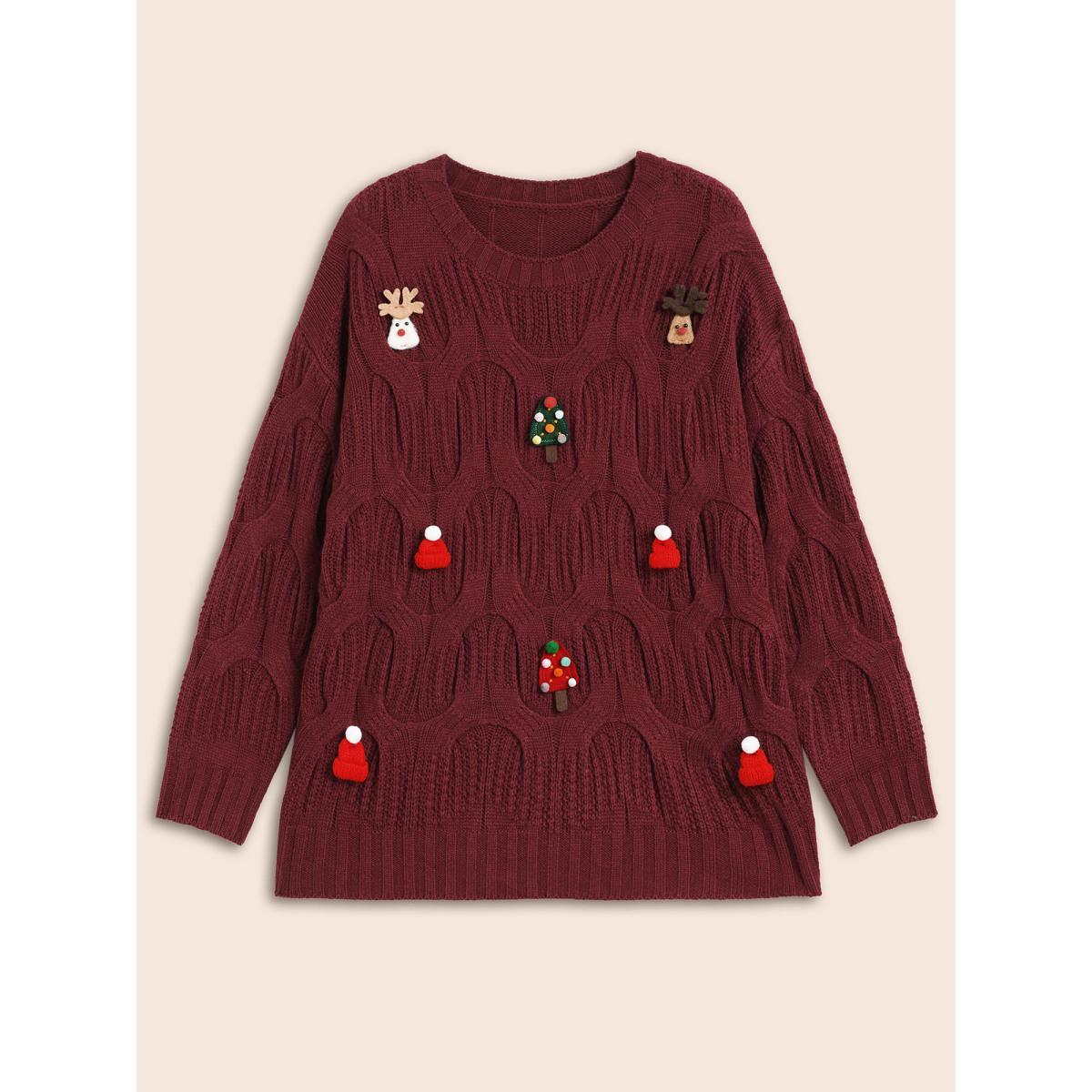 Plus Size Tis The Season Motifs Cable Knit Pullover Scarlet Women Casual Loose Long Sleeve Round Neck Everyday Pullovers BloomChic 14-16/1X Product Image