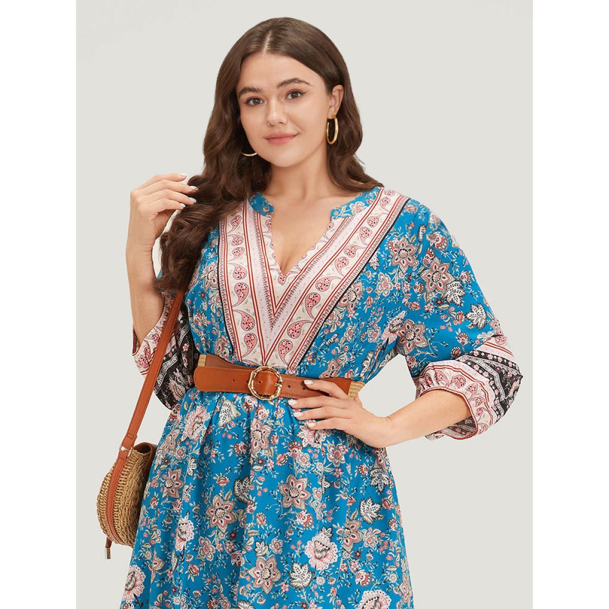 Plus Size Floral Print Notched Lantern Sleeve Contrast Dress Teal Women Vacation Elastic cuffs Notched collar Long Sleeve Curvy Midi Dress BloomChic 28/5X Product Image