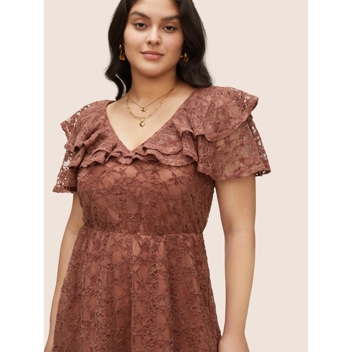Plus Size Crochet Lace Mesh Tiered Ruffle Trim Dress Burgundy Women Elegant Texture V-neck Sleeveless Curvy Midi Dress BloomChic 26/4X Product Image