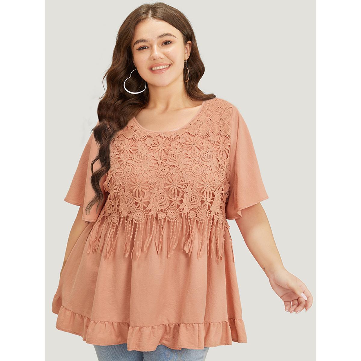 Plus Size Coral Solid Contrast Lace Fringe Trim Flutter Hem Blouse Women Vacation Short sleeve Round Neck Dailywear Blouses BloomChic 12/L Product Image