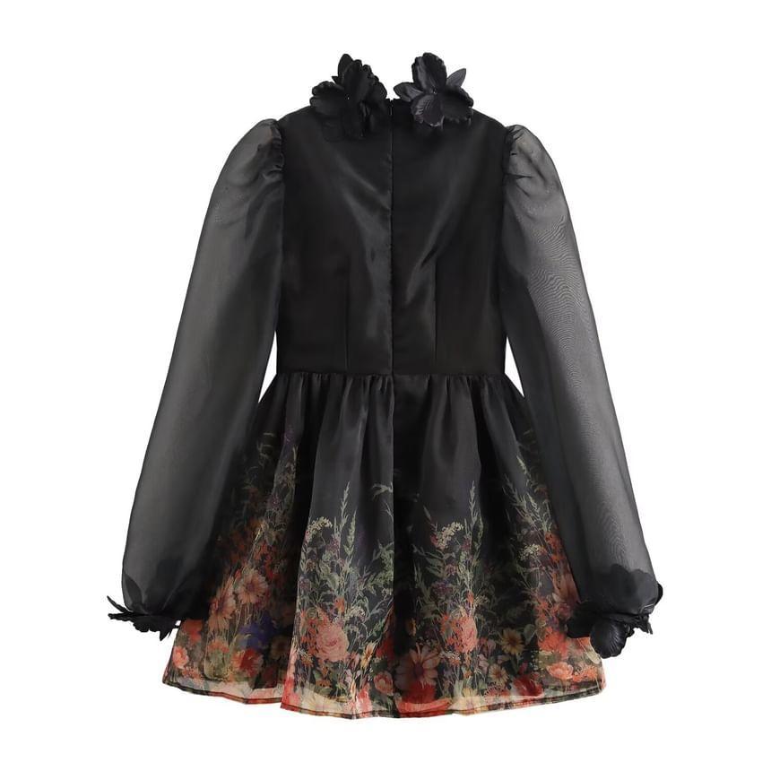 Long-Sleeve Floral Flower Accent Mini A-Line Dress Product Image