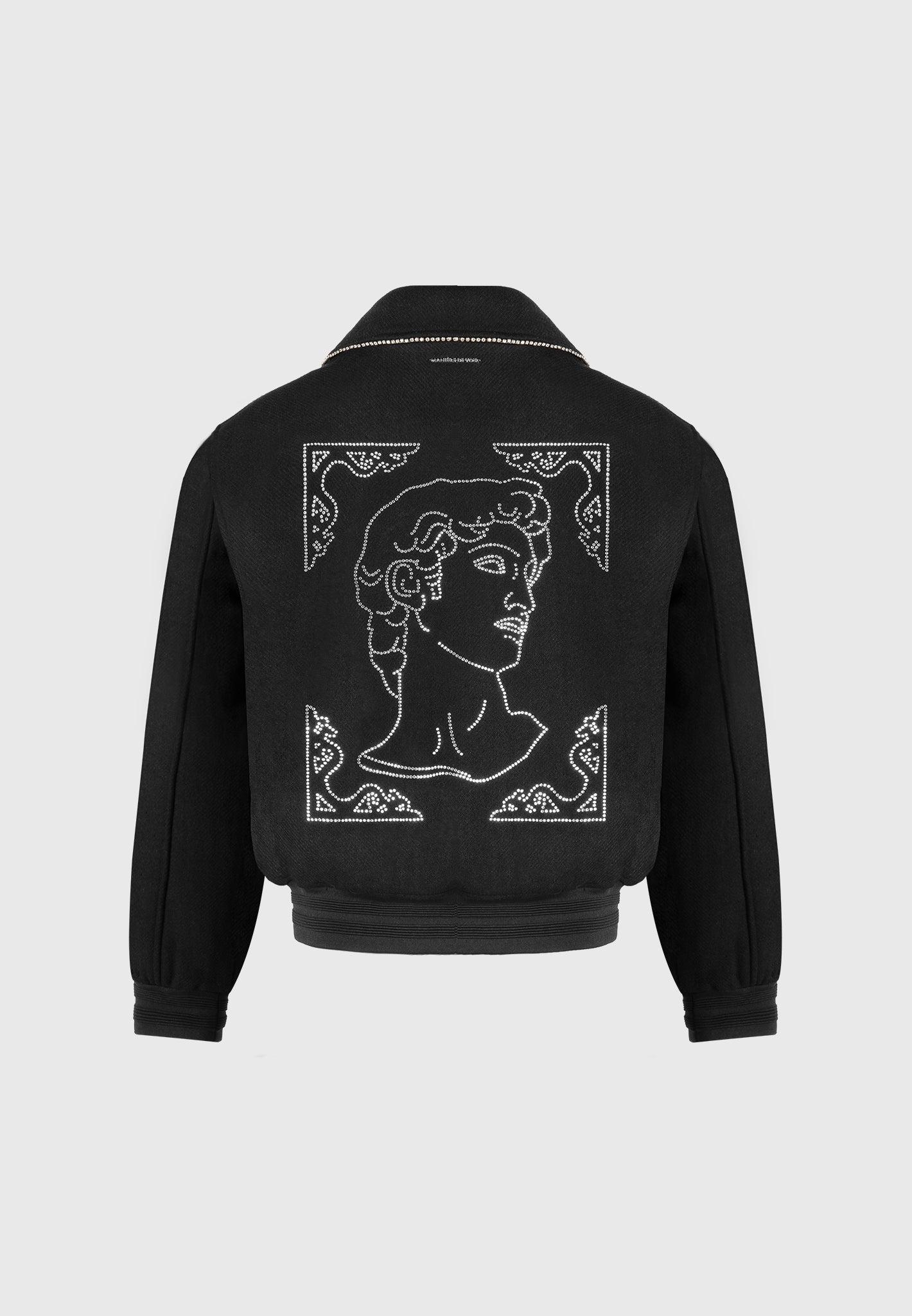 Rhinestone Wool Blend Varsity Jacket - Black Male Product Image