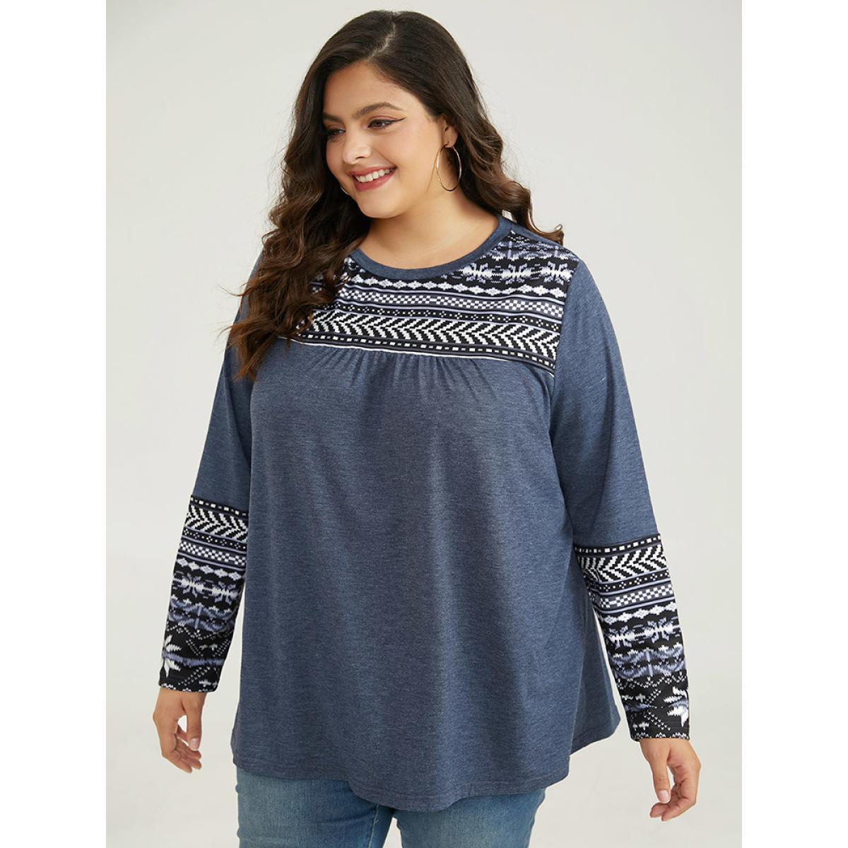Plus Size Boho Print Round Neck Gathered T-shirt Blue Women Casual Patchwork Bohemian Print Round Neck Dailywear T-shirts BloomChic 22-24/3X Product Image