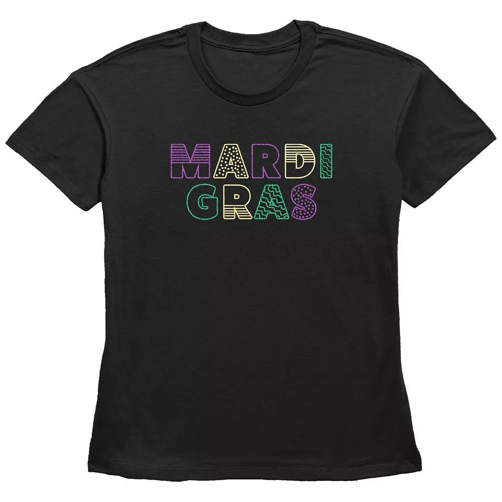 Women's Mardi Gras Multipattern Letters Basic Fit Graphic Tee, Girl's, Size: Medium, Black Product Image