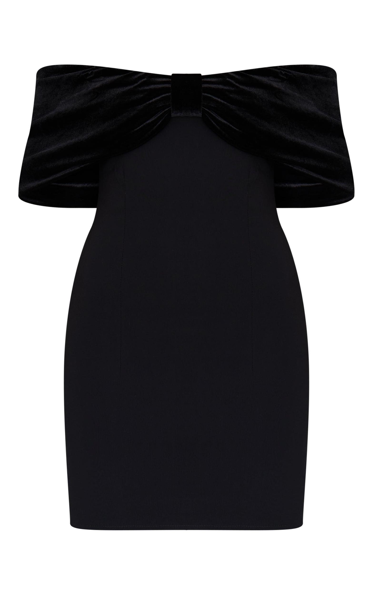 Black Stretch Woven Velvet Bow Bardot Mini Dress Product Image
