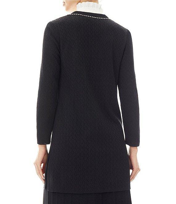 Ming Wang Pointelle Knit Contrast Trim V-Neck Long Sleeve Button Trim Detail Side Slit Jacket Product Image