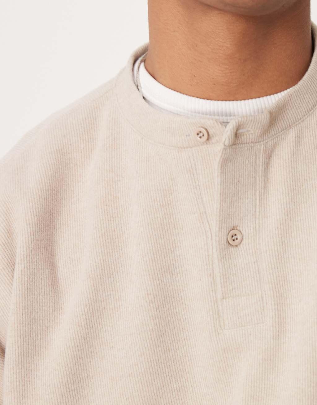 ASOS DESIGN super oversized cropped heavyweight ribbed henley sweater in stone Product Image