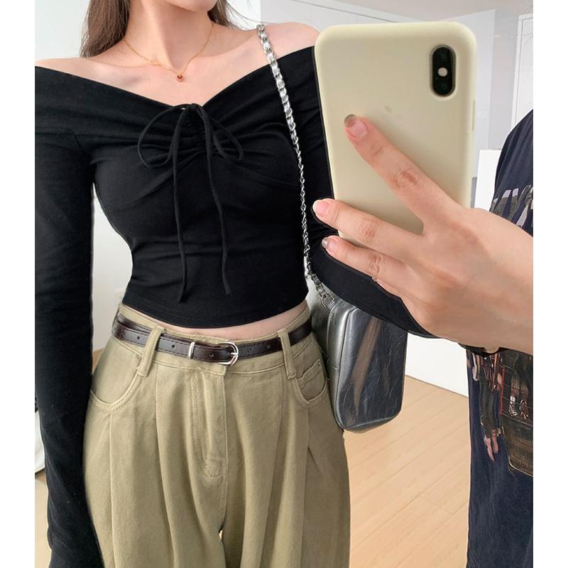 Long Sleeve Off-Shoulder Plain Drawstring Slim-Fit Crop Top Product Image