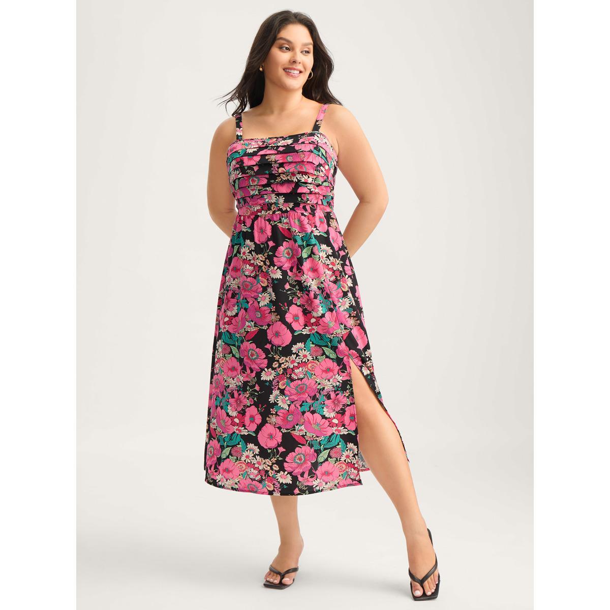 Plus Size Pleated Side Pockets Floral Midi Dress Black Women Tucked seam Non Sleeveless Curvy BloomChic 26/4X Product Image