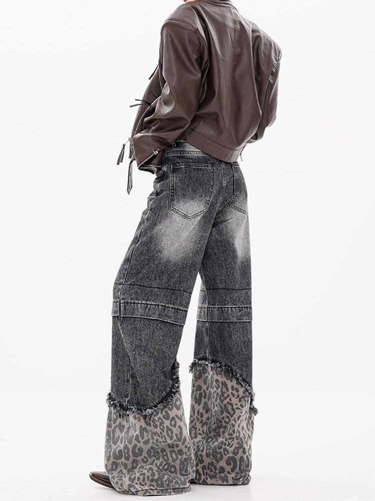 Low Rise Washed Leopard Print Paneled Straight-Fit Wide-Leg Jeans Product Image