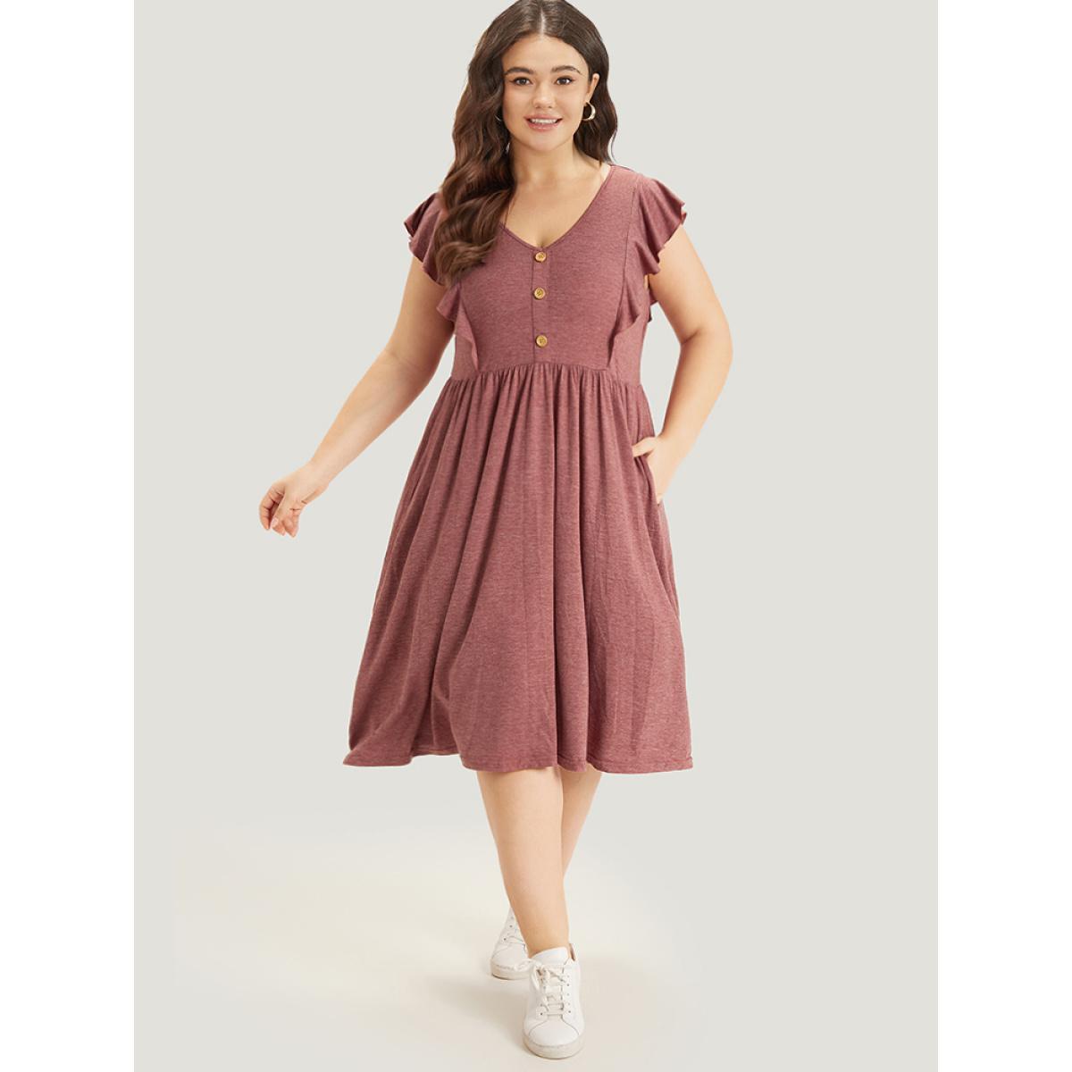 Plus Size Supersoft Essentials Solid Flutter Trim Button Detail Gathered Dress DustyPink Women Casual Plain V-neck Sleeveless Curvy Midi Dress BloomChic 14-16/1X Product Image