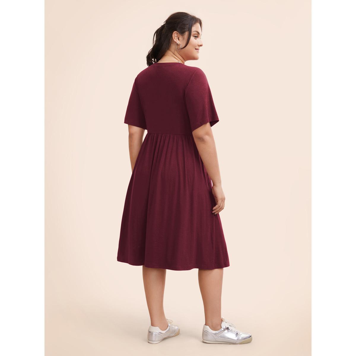 Plus Size Supersoft Essentials Solid Pleated Round Neck Midi Dress Burgundy Women Casual Plain Round Neck Short sleeve Curvy Midi Dress BloomChic 26/4X Product Image