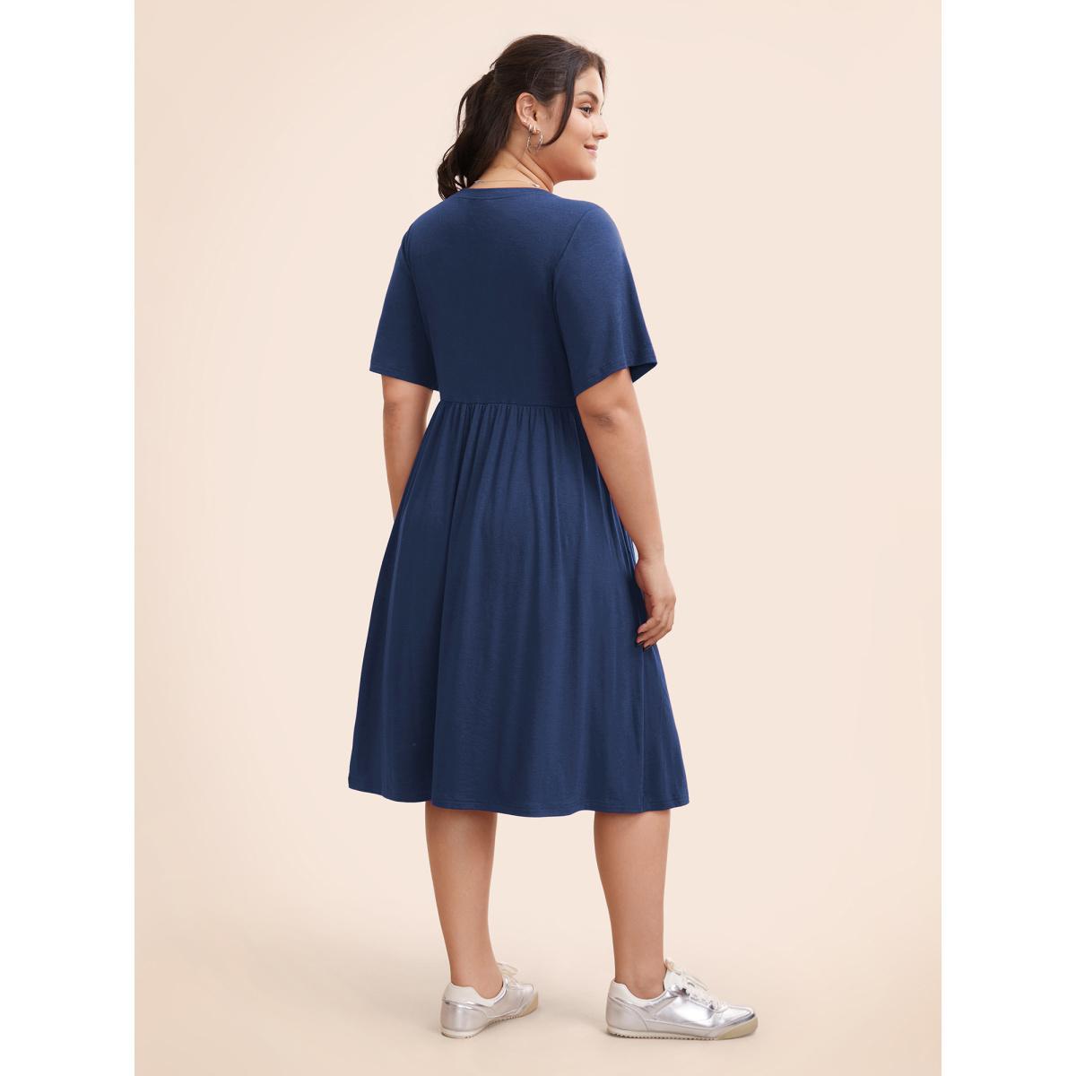 Plus Size Supersoft Essentials Solid Pleated Round Neck Midi Dress DarkBlue Women Casual Plain Round Neck Short sleeve Curvy Midi Dress BloomChic 14-16/1X Product Image