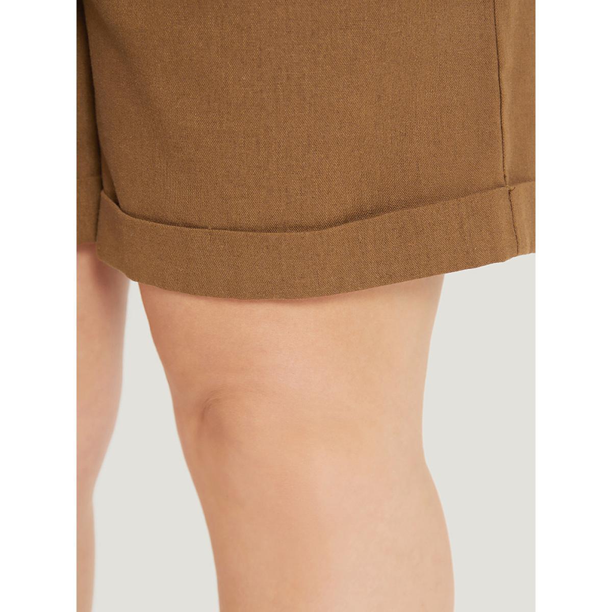 Plus Size Solid Pocket Belted Roll Hem High Rise Shorts Women DarkBrown Office Belted Work Shorts BloomChic 22-24/3X Product Image
