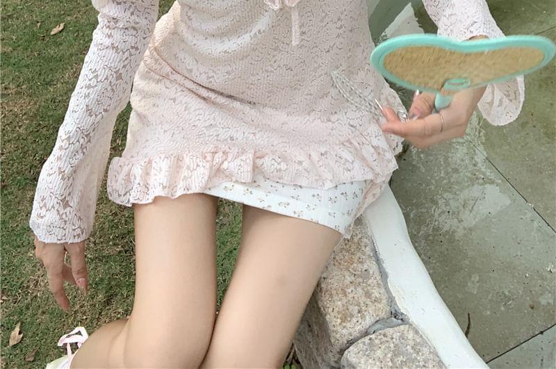 Spaghetti Strap Floral Lace Trim Mini Bodycon Dress / Flared-Sleeve V-Neck Asymmetrical Lace Blouse / Set Product Image