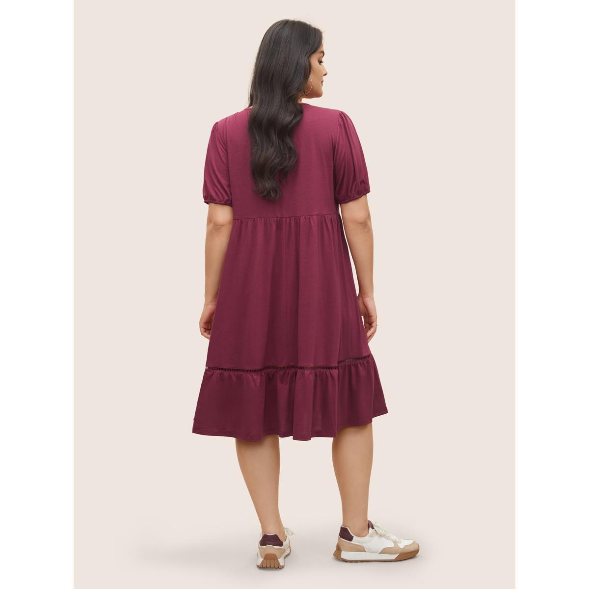 Plus Size Supersoft Essentials Plain Pleated Patchwork Ruffle Hem Dress RedViolet Women Casual Non Round Neck Short sleeve Curvy Midi Dress BloomChic 10/M Product Image