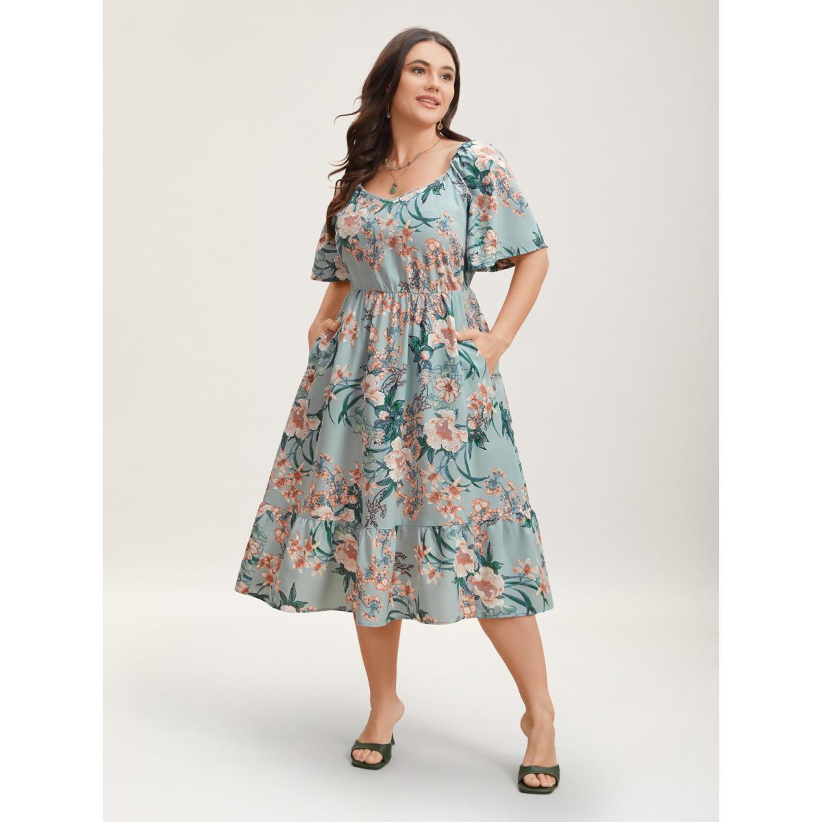 Plus Size Floral Print Flared Sleeve Pockets Midi Dress Mint Women Elegant Non Heart neckline Short sleeve Curvy BloomChic 18-20/2X Product Image
