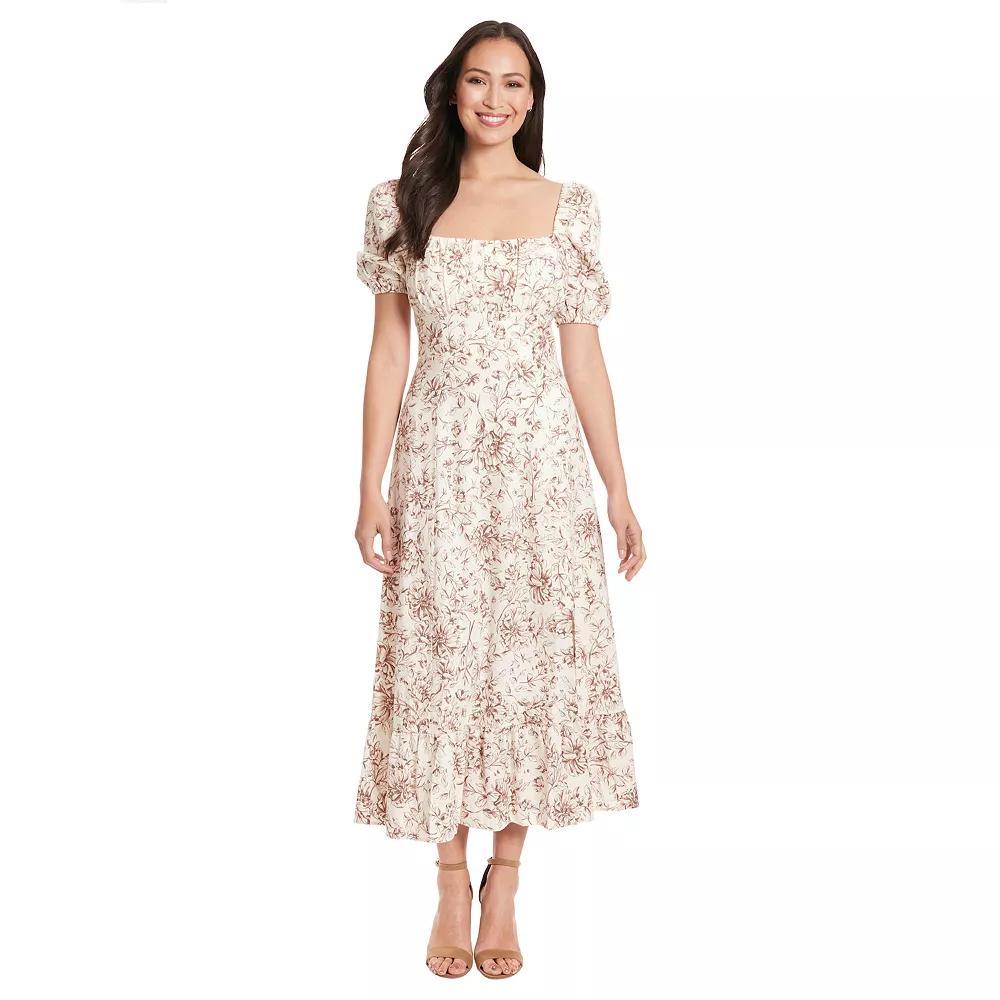 Womens London Times Floral Squareneck Puff Sleeve Empire Waist Midi Dress Product Image