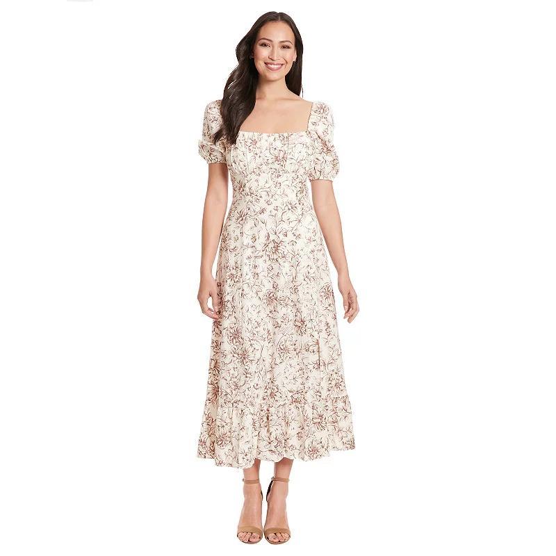 Womens London Times Floral Squareneck Puff Sleeve Empire Waist Midi Dress Product Image
