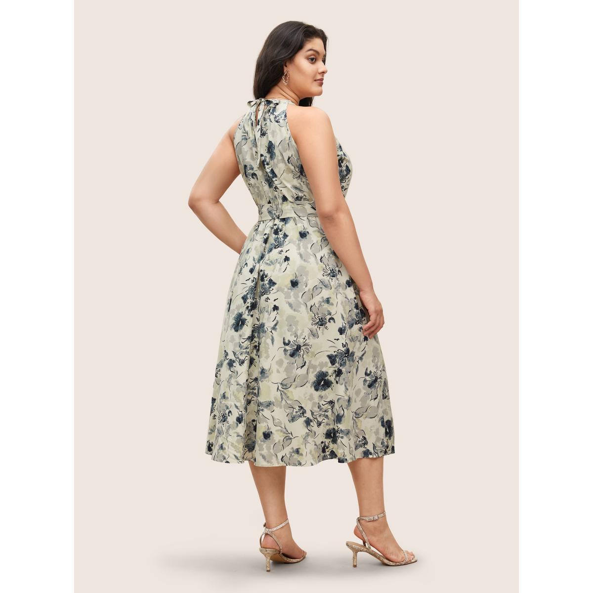 Plus Size Watercolor Floral Halter Neck Belted Gathered Dress SlateGray Women Elegant Gathered Round Neck Sleeveless Curvy BloomChic 30/6X Product Image