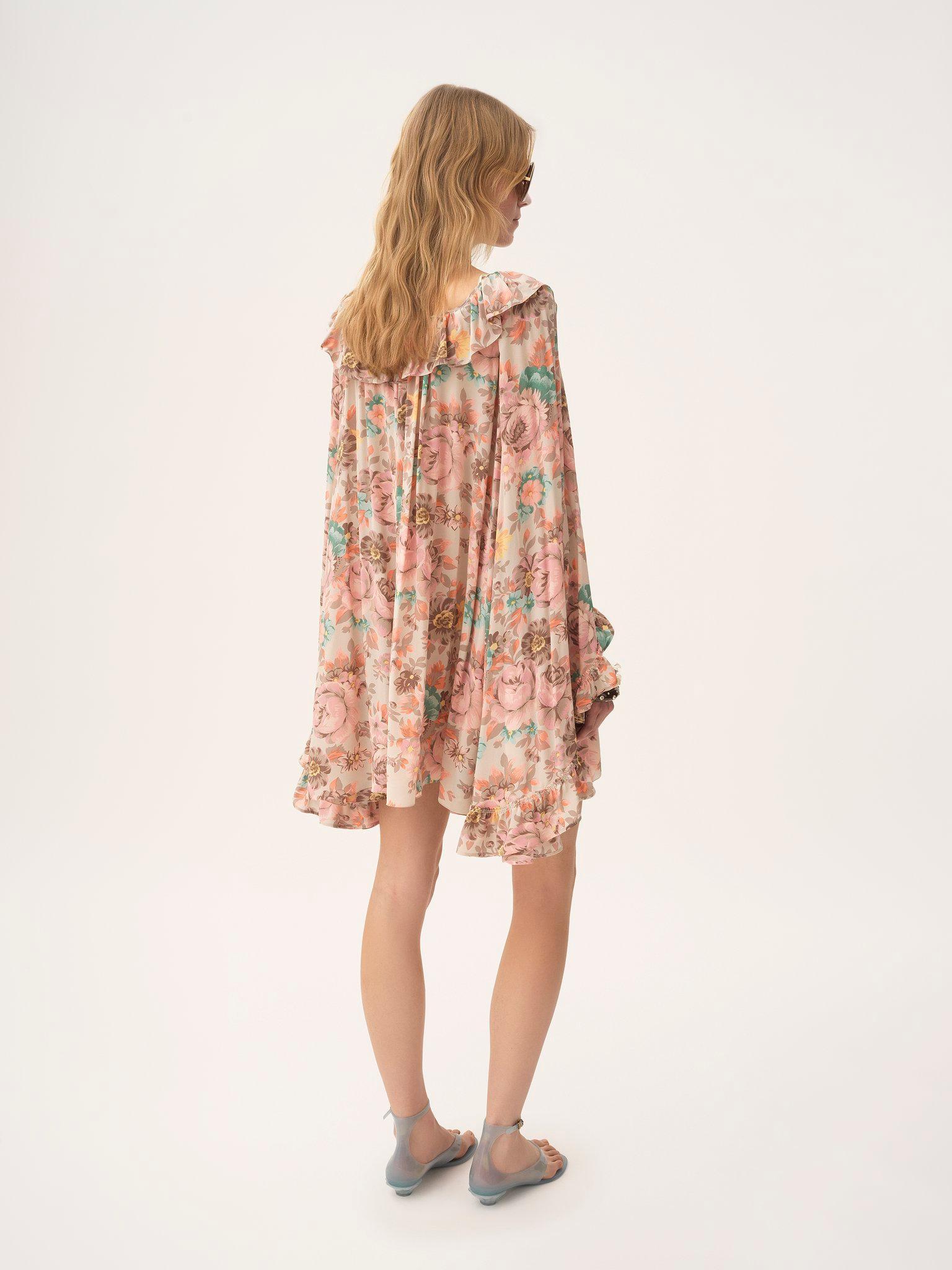 Square-neck ruffled mini dress in crêpe de chine Product Image