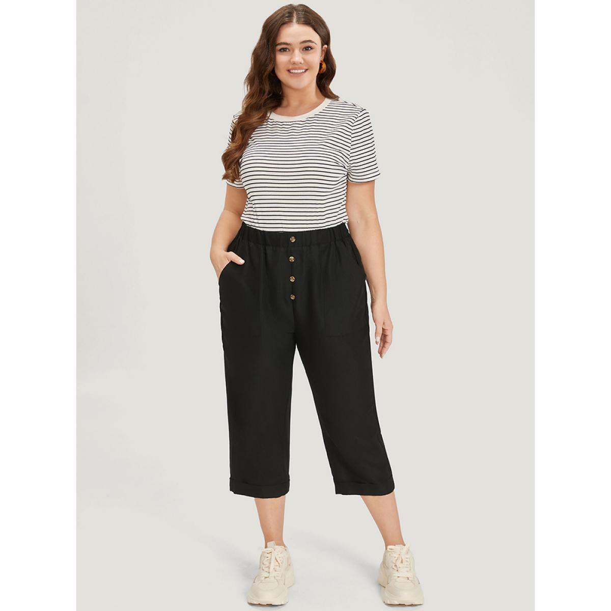 Plus Size Solid Pocket Button Detail Elastic Waist Pants Women Black Casual High Rise Dailywear Pants BloomChic 22-24/3X Product Image