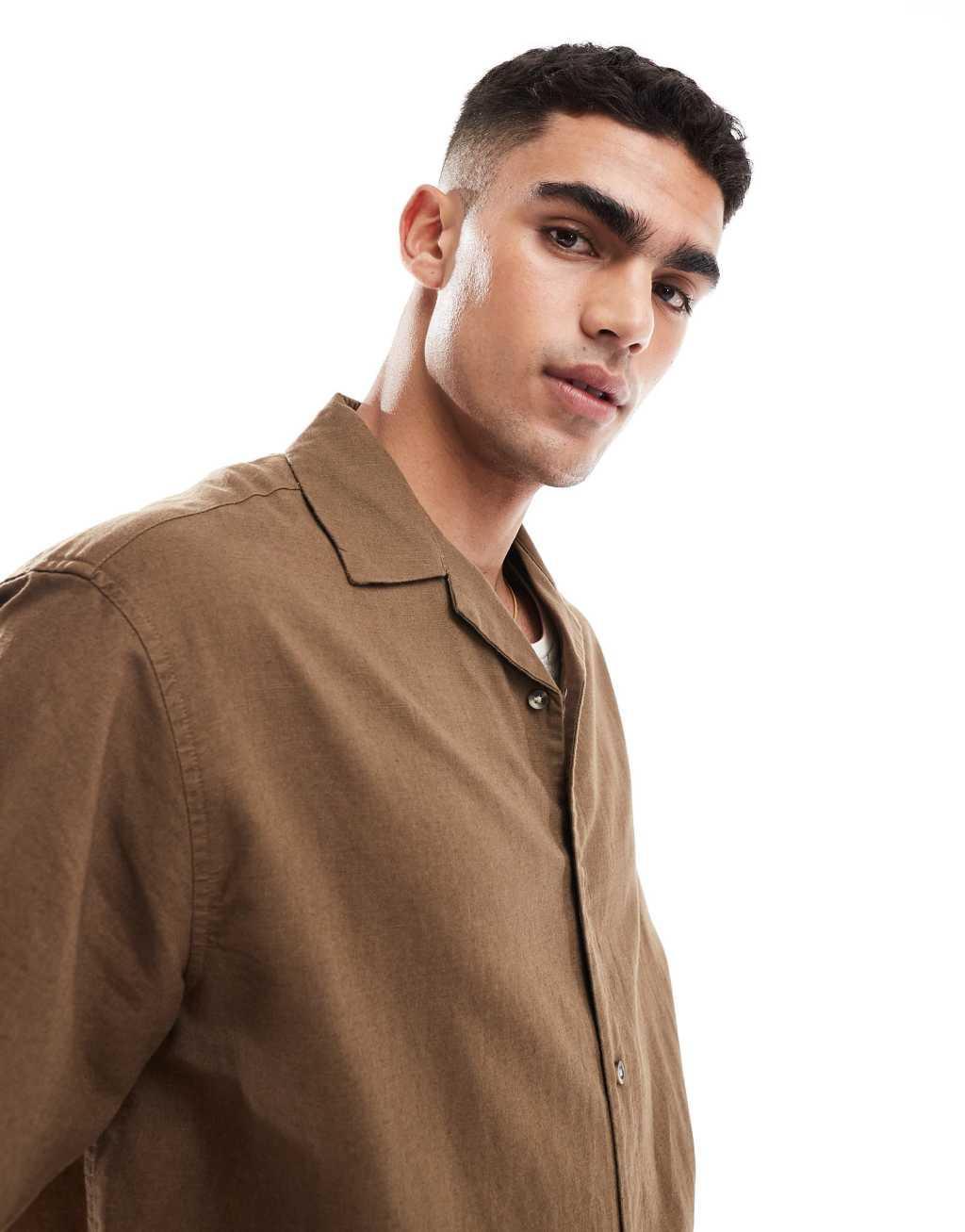 ASOS DESIGN boxy oversized linen blend shirt with camp collar in brown Product Image