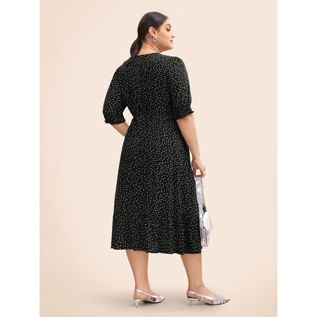 Plus Size Polka Dot Shirred Pocket Flutter Hem Dress Black Women Office Printed V-neck Half Sleeve Curvy Midi Dress BloomChic 22-24/3X Product Image