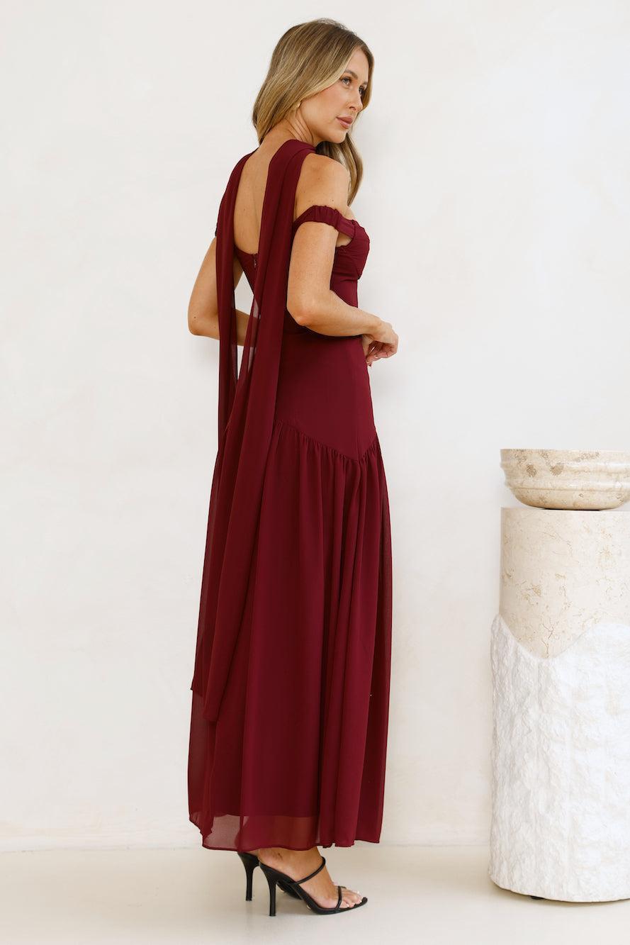 The Style Spotlight Off Shoulder Maxi Dress Burgundy Product Image