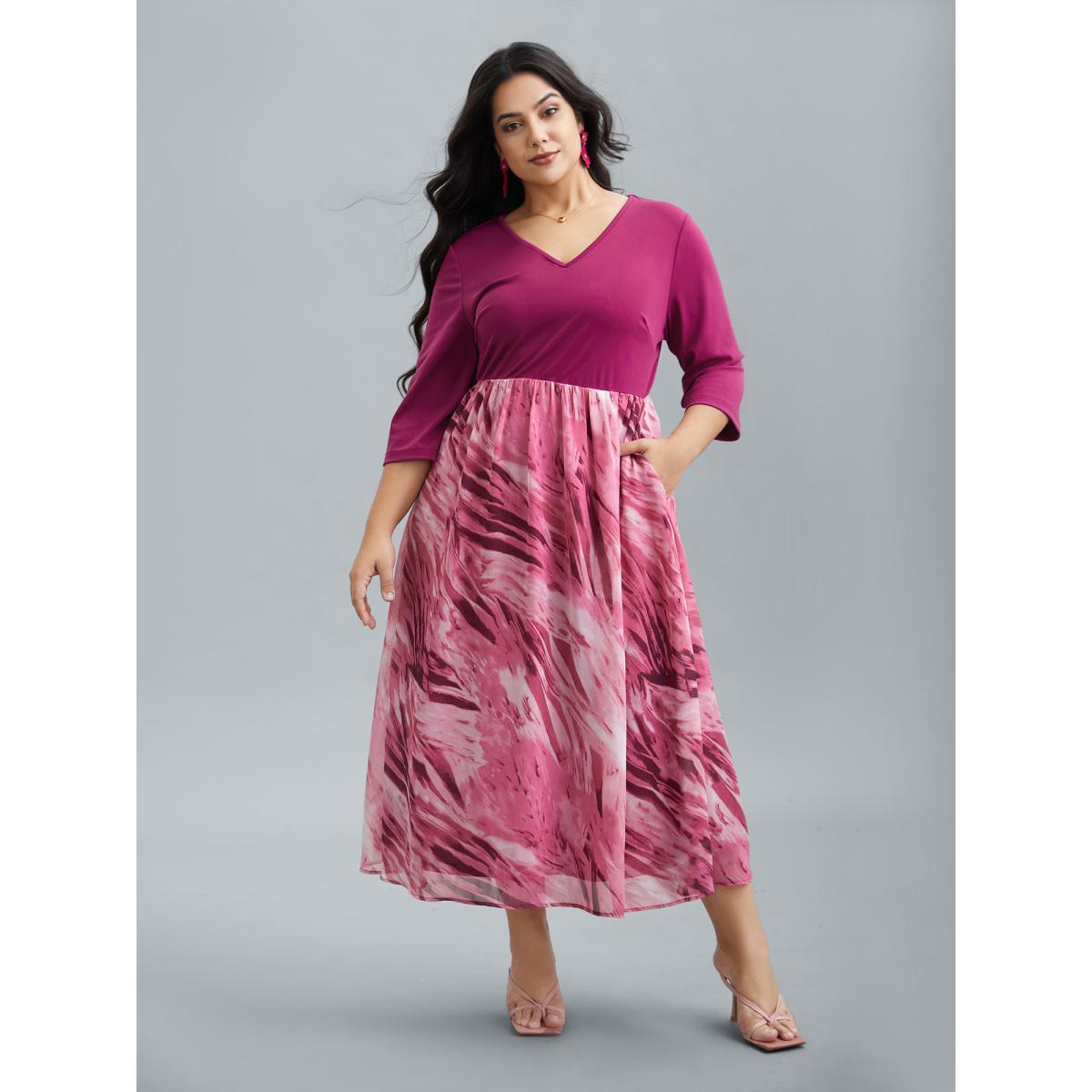 Plus Size Abstract Print Spliced V-Neck Midi Dress Rosered Women Elegant Patchwork V-neck Elbow-length sleeve Curvy BloomChic 22-24/3X Product Image