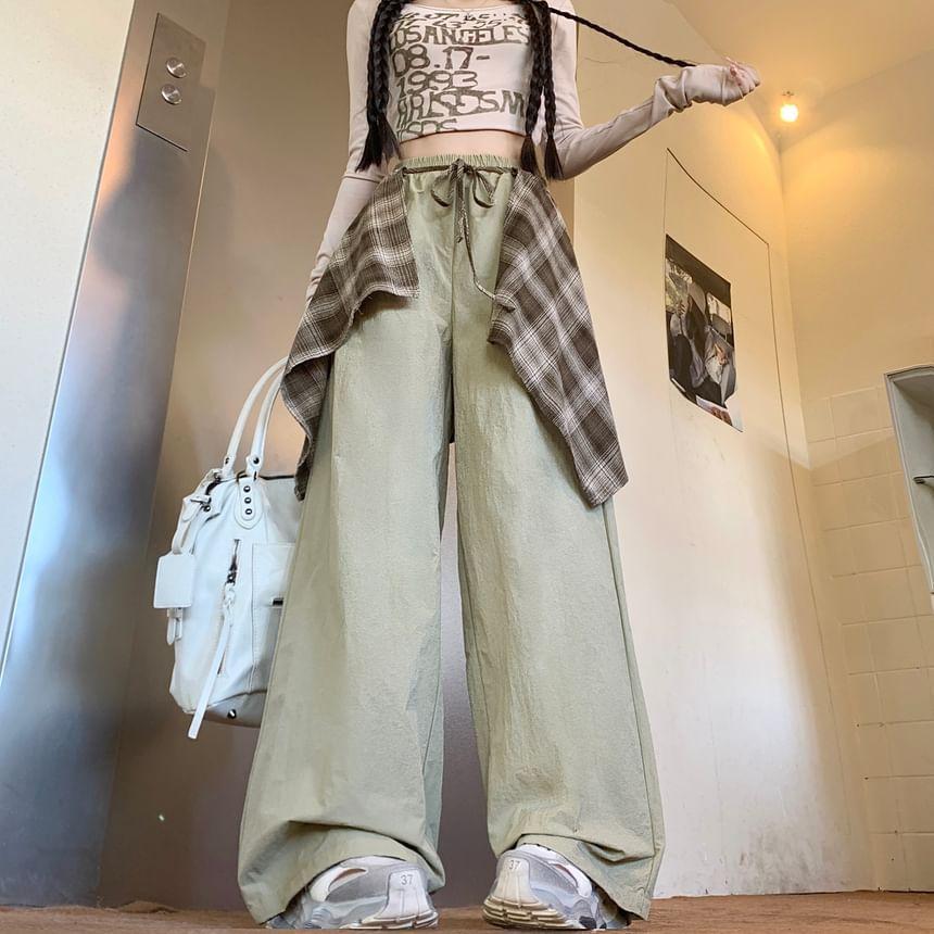 High Rise Plaid Hem Wide Leg Pants Product Image