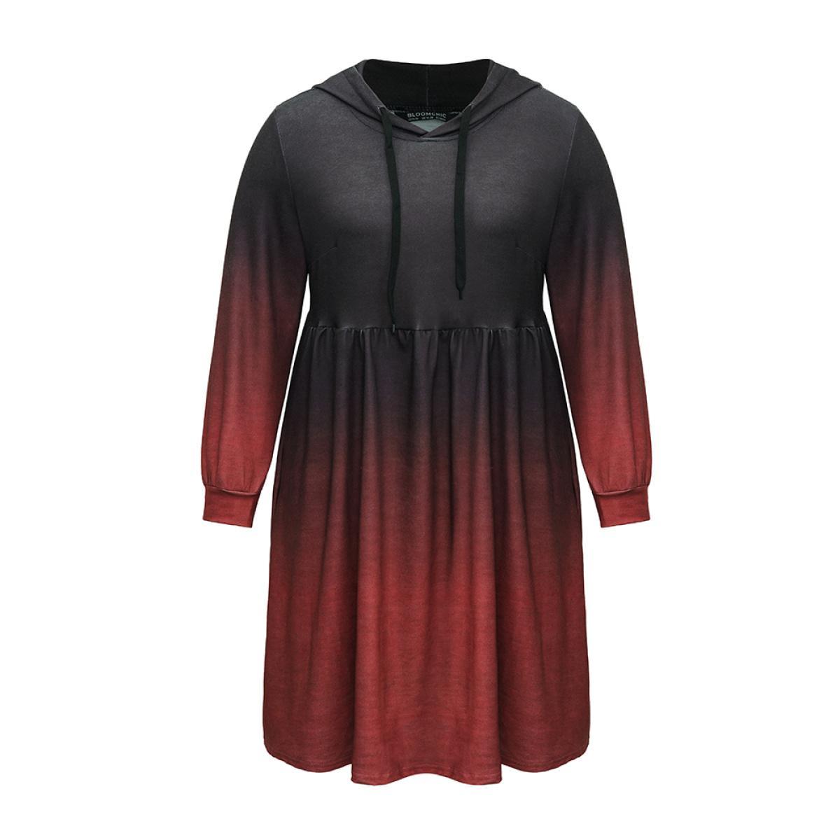 Plus Size Ombre Elastic Waist Drawstring Hooded Dress Scarlet Women Casual Printed Hooded Long Sleeve Curvy Midi Dress BloomChic 30/6X Product Image