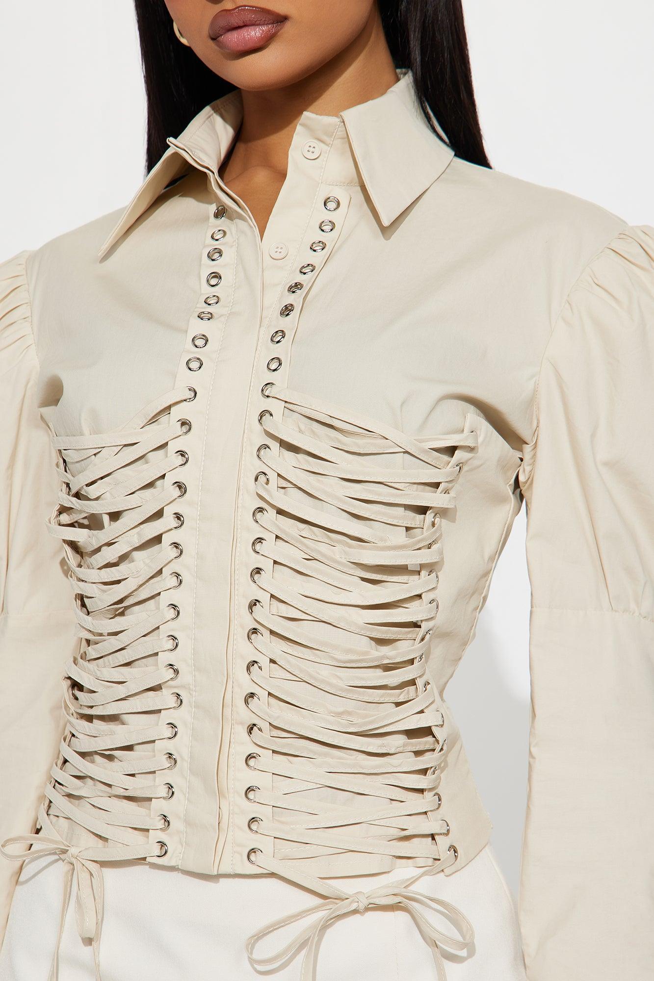 More Than You Think Lace Up Poplin Shirt - Khaki Product Image