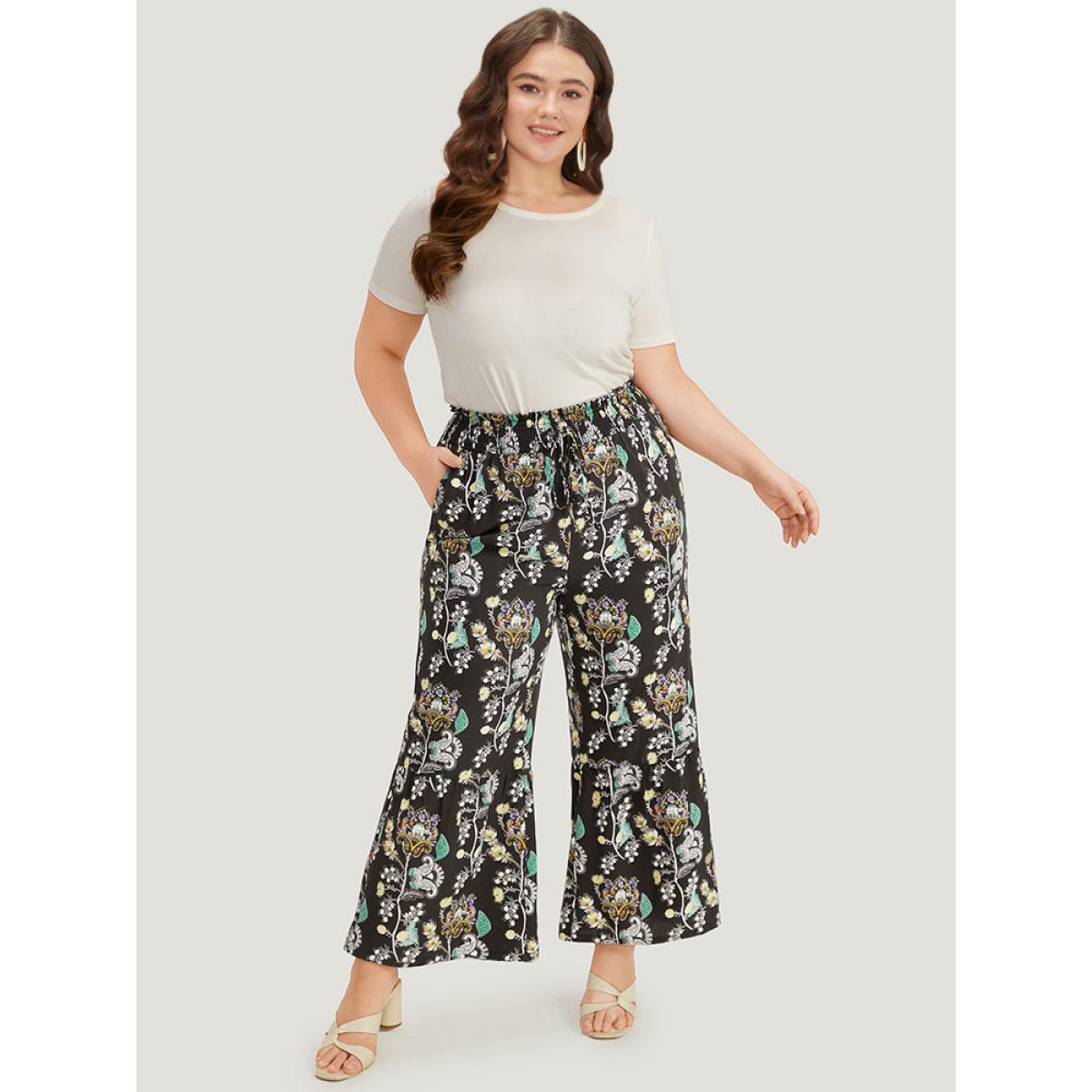 Plus Size Floral Print Shirred Bootcut Ties Pocket Pants Women BlackFlower Elegant Bootcut High Rise Dailywear Pants BloomChic 12/L Product Image