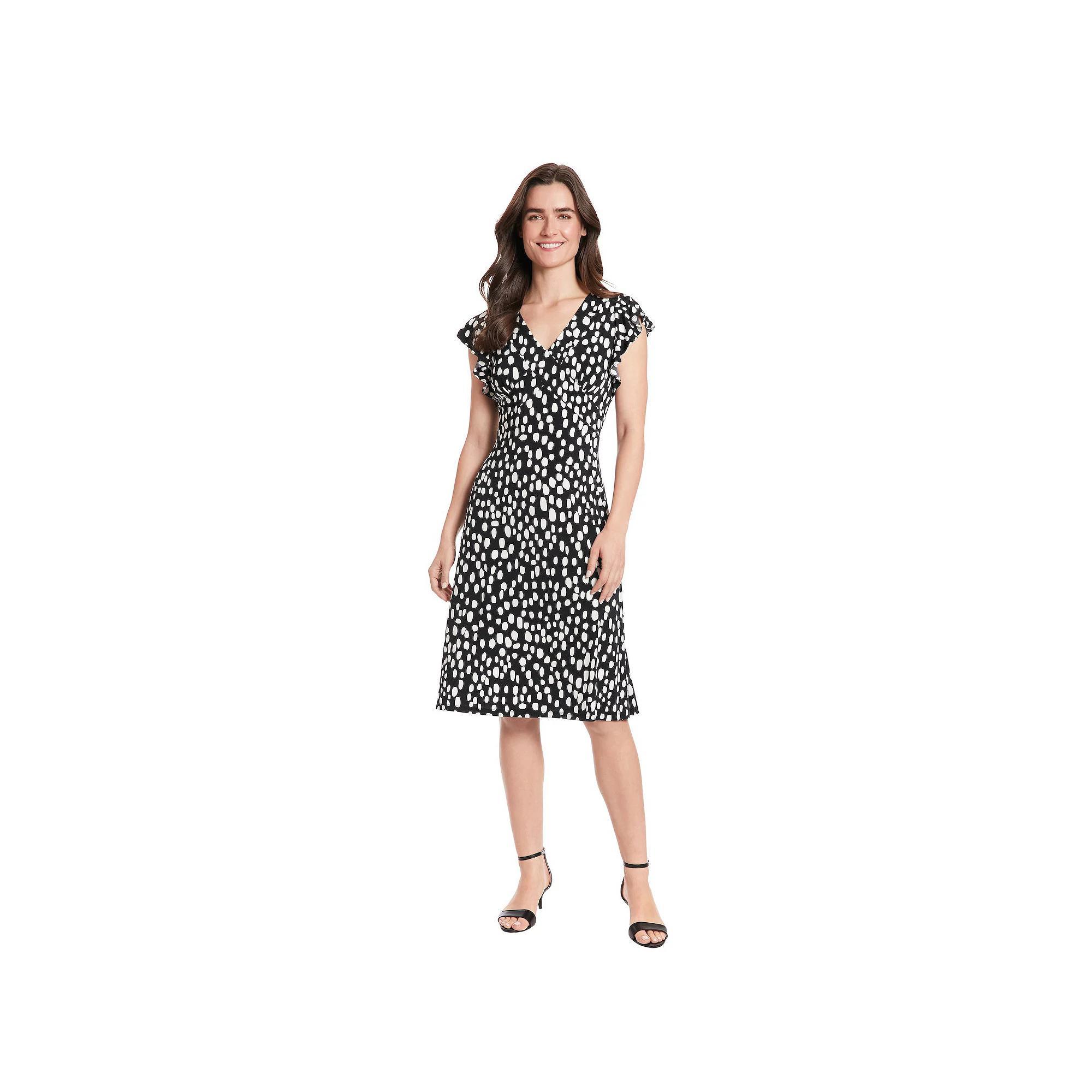 Women's London Times Ruffle Sleeve V-Neck Midi Dress, Size: 12, Black Soft White Product Image