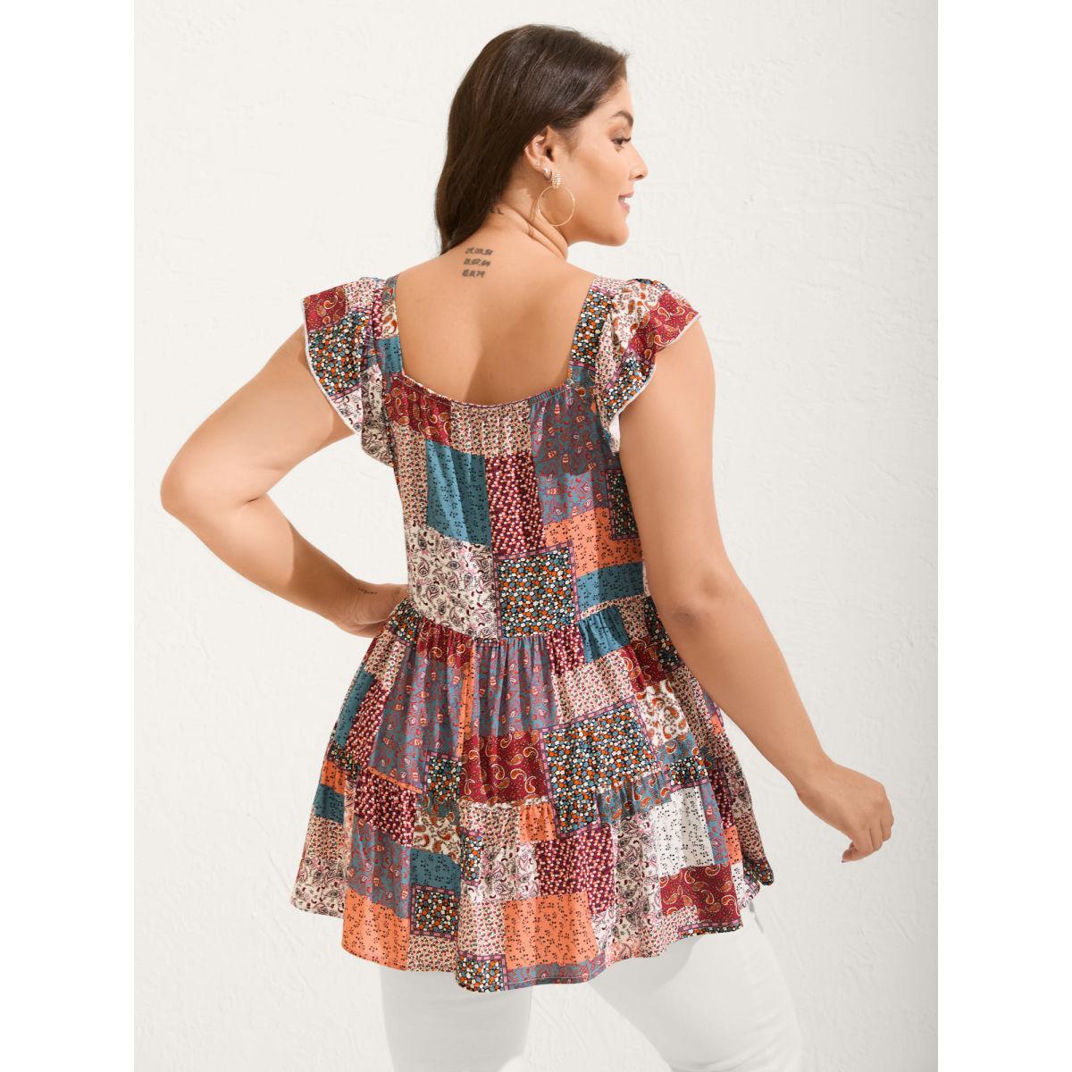 Plus Size Floral Collage Print Layered Tank Top Women Aegean Gathered Square Neck Vacation Tank Tops Camis BloomChic 26/4X Product Image
