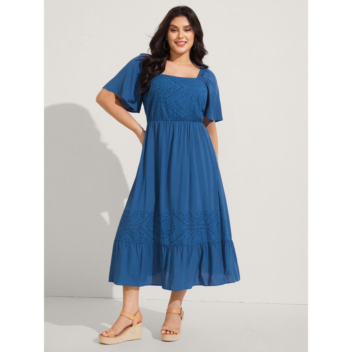 Plus Size Rayon Lace Pleated Tiered Midi Dress Mediumblue Women Square Neck Short sleeve Curvy BloomChic 12/L Product Image