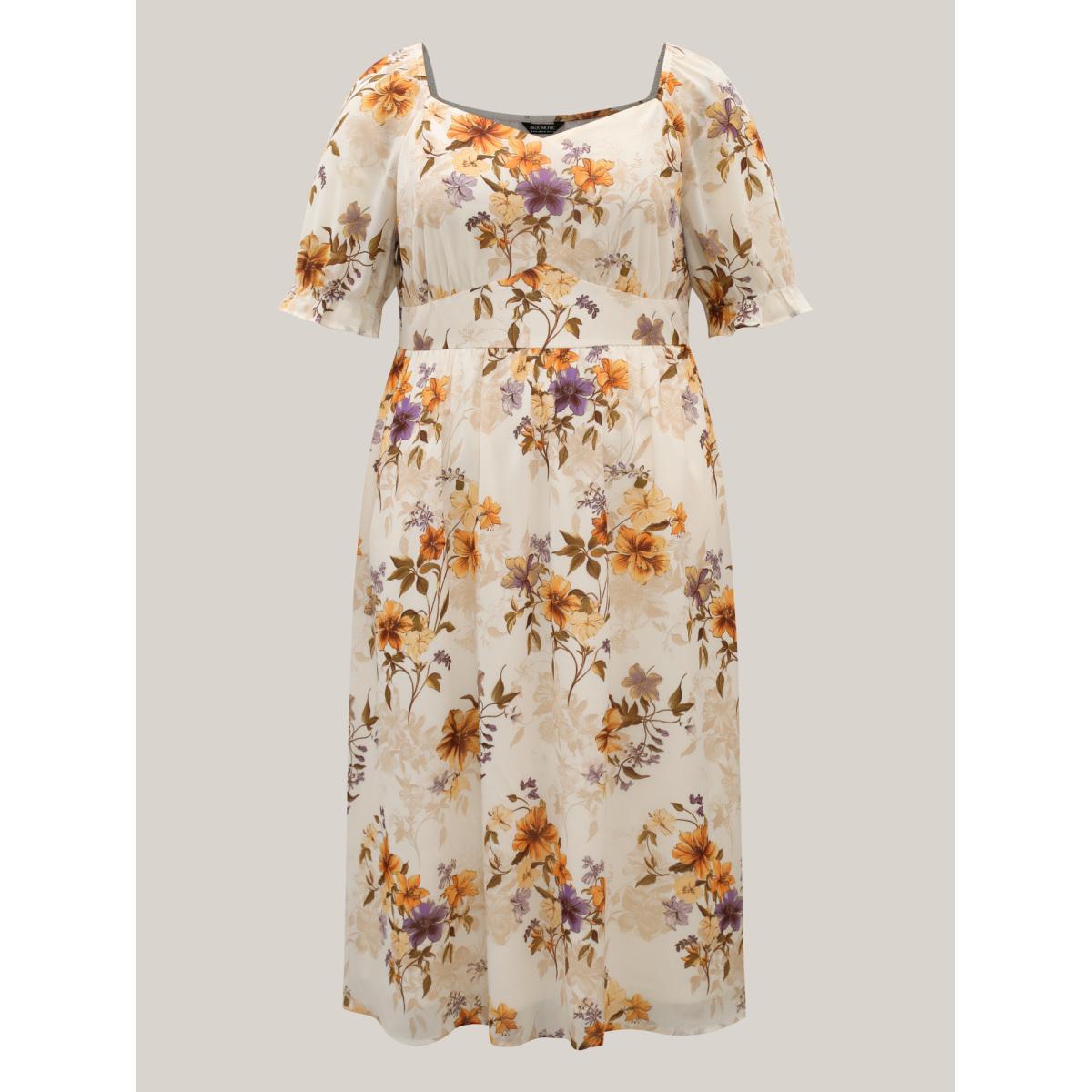 Plus Size Chiffon Floral Waist-Cinched Maxi Dress Beige Women Elegant Gathered Heart neckline Half Sleeve Curvy BloomChic 14-16/1X Product Image